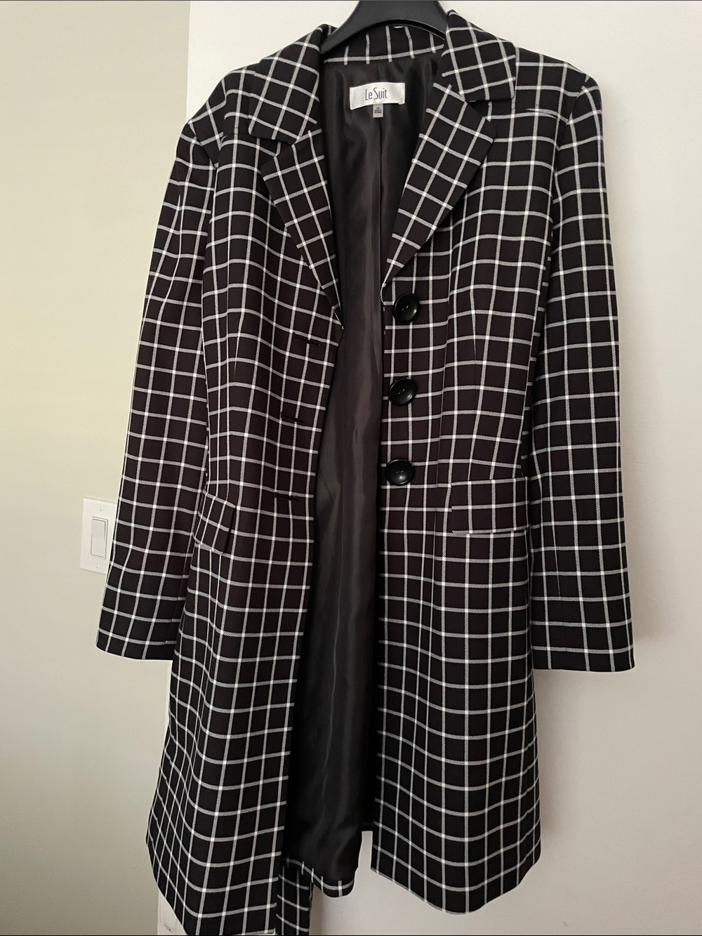 Le Suit Black Windowpane Blazer Coat